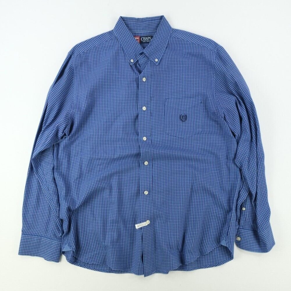 Chaps Ralph Lauren Button Down Shirt Mens XL Blue Plaid Cotton Long Sleeve